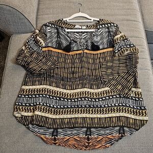 Cato's Black Yellow White Abstract Patterned Boho Sheer Office Popover Top XL